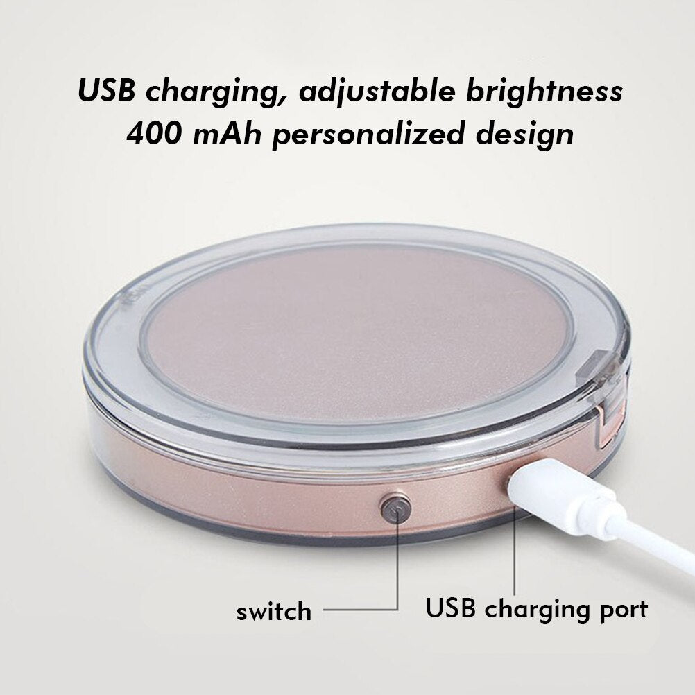 LED Lighted Vanity Travel Makeup Foldable Compact USB Charging Mirror