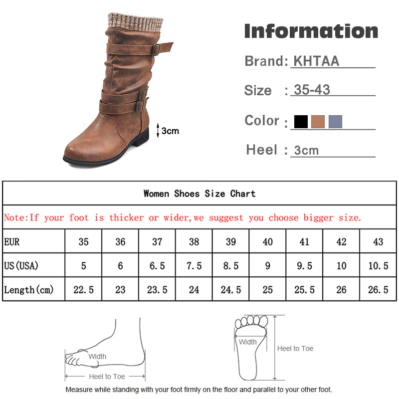 Women Winter Buckle Strap Pure Leather Chunky Heels